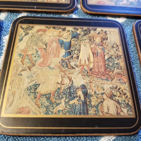 Vintage Pimpernel Cork Wood Coasters 4" Medieval motif set of 5 - Picture 6 of 10